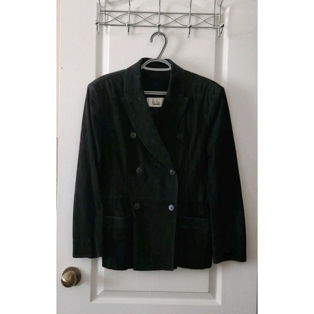 Women's Leather Suede‎ Goat Pea Coat Jacket  Black Pockets Made In Spain Size 8